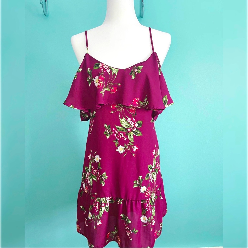 Burgundy floral flutter sleeve dress
